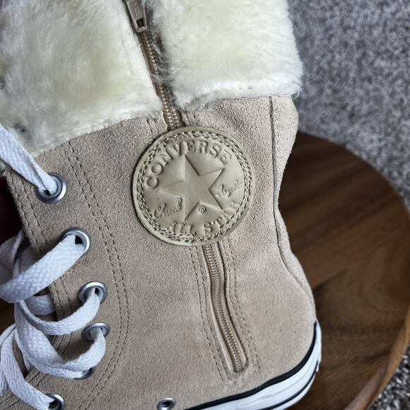 Converse High-Top Lace-Up Sneakers in Beige and White with Faux Fur Collar - Picture 9 of 10